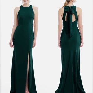 Dessy Collection Midnight Cutaway Shoulder High Slit Crepe Gown